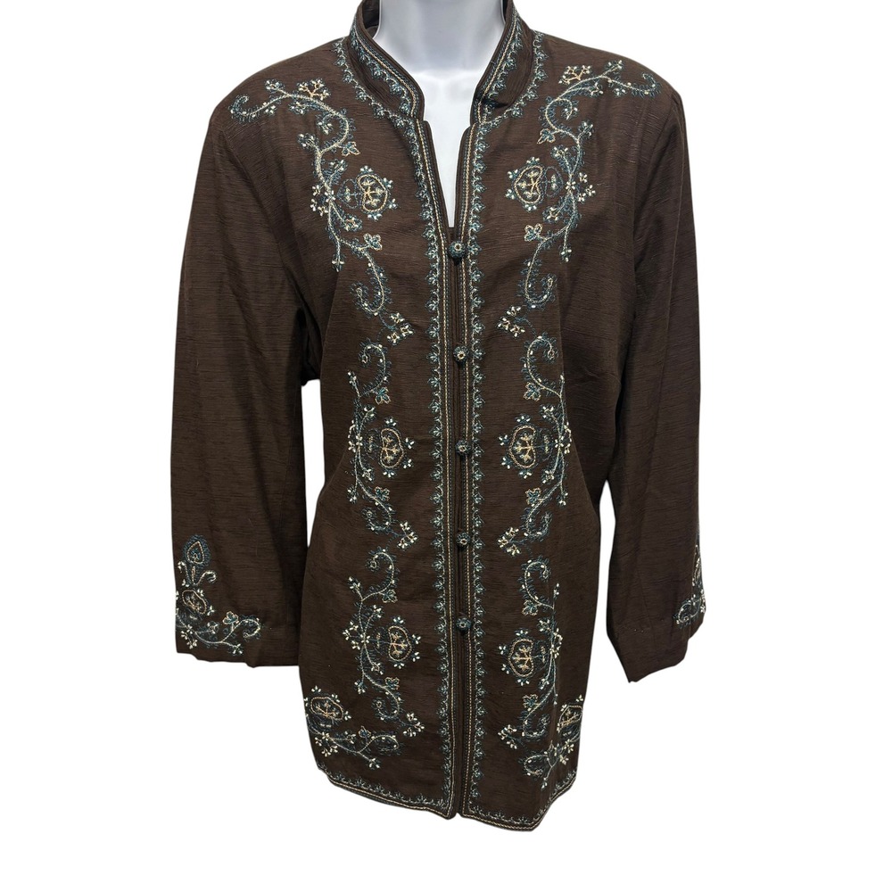 Silk Land Woman Brown Silk Embroidered Beaded Mandarin Collar Jacket Plus 2X